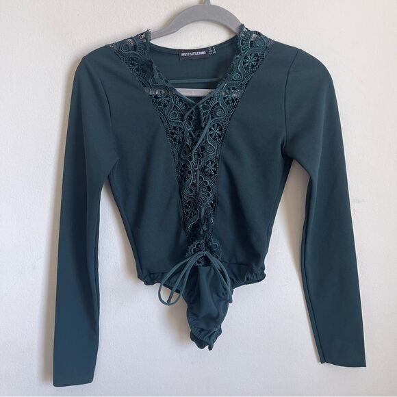 PrettyLittleThing Emerald Green Lace Up Long Sleeve Thong Bodysuit Size 4 - Picture 4 of 9